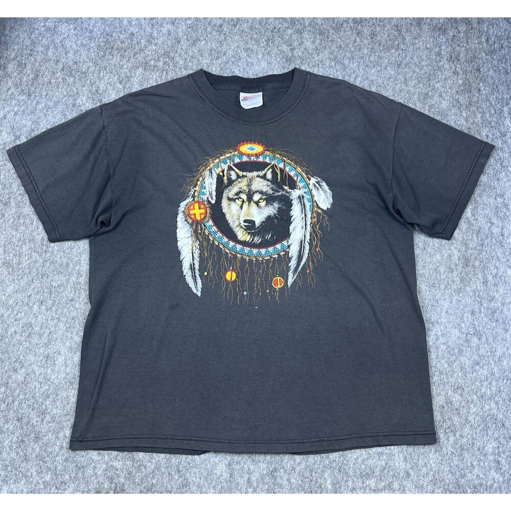 Vintage 90s Native American Men's Graphic T-Shirt Wolf Dreamcatcher Size Large